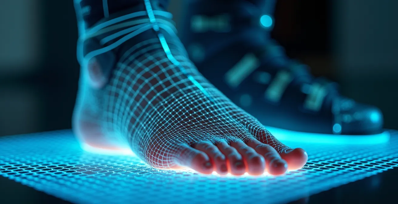 3D-Fußscanner bei der Vermessung eines Fußes für maßgeschneiderte Skischuhsohlen