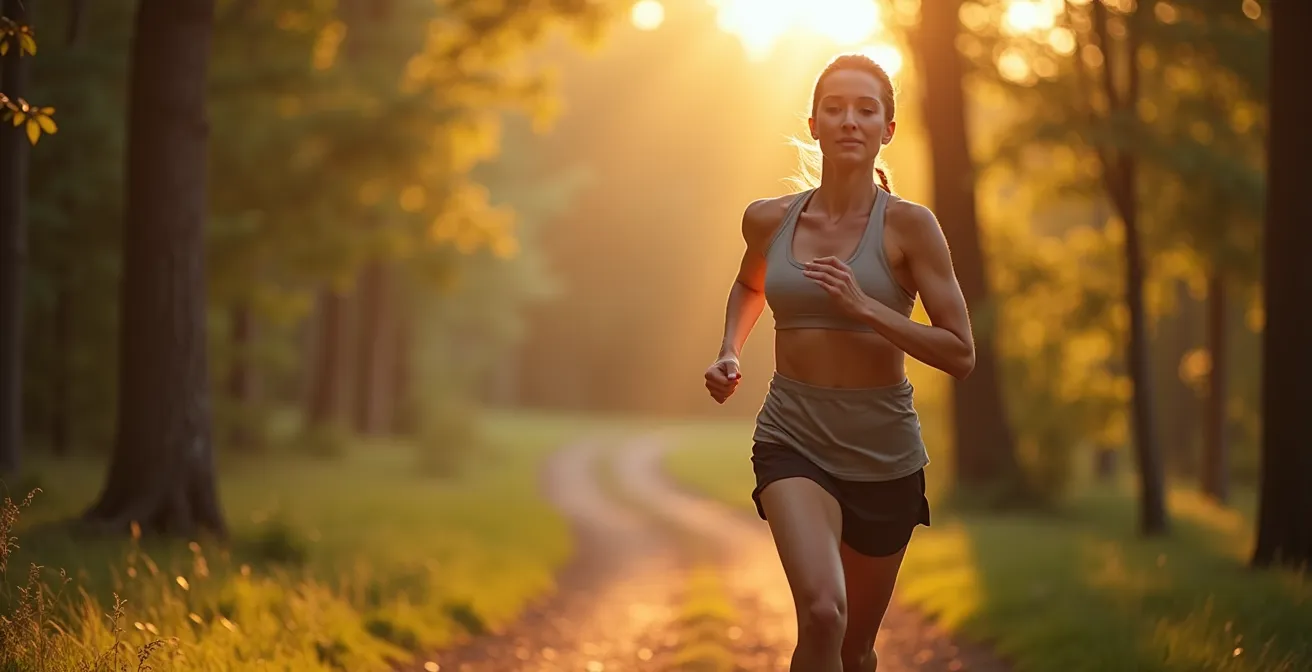 Läuferin in meditativer Haltung auf einem Waldweg mit fokussiertem Blick