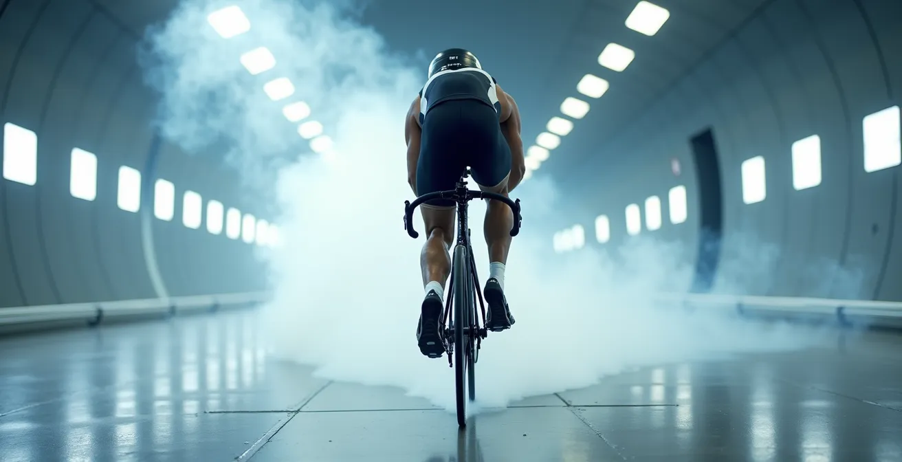 Zeitfahrer in aerodynamischer Position im Windkanal