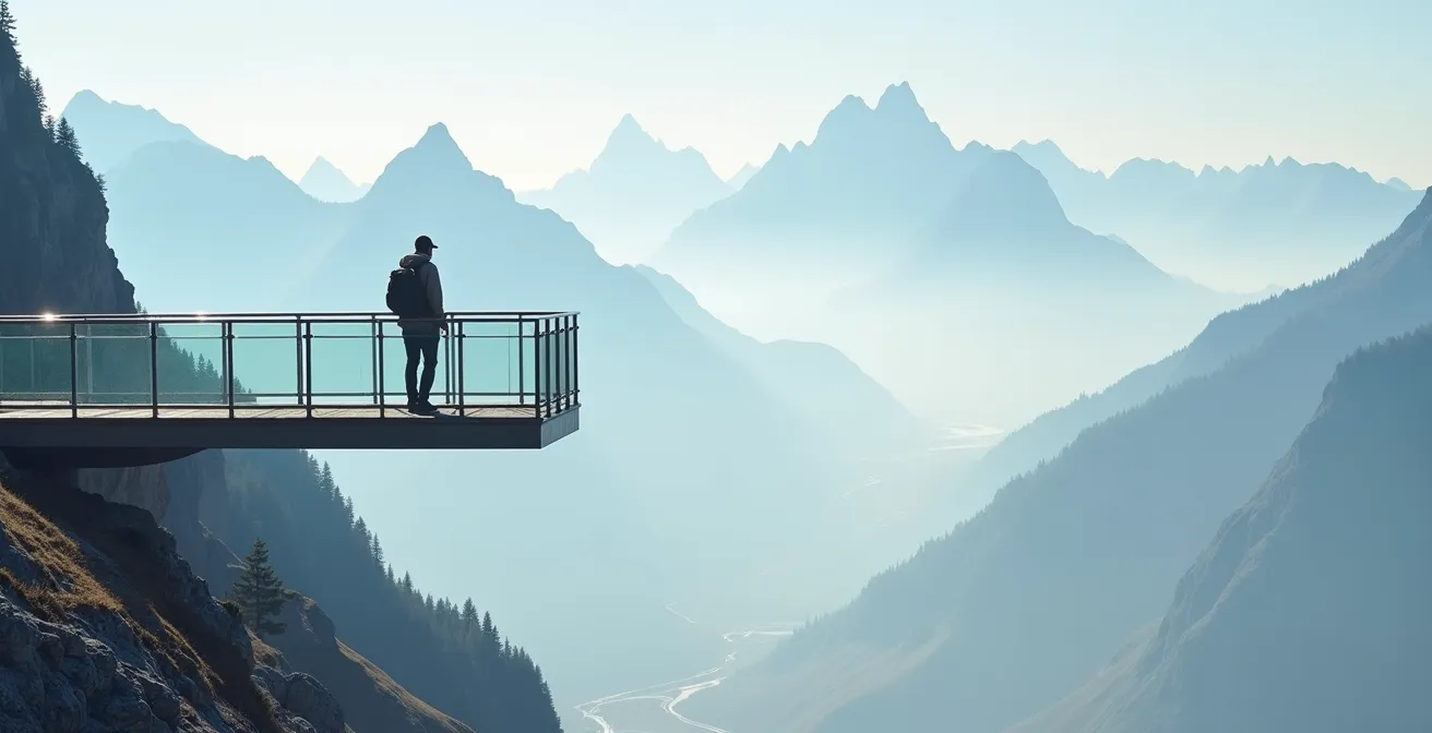 Wanderer auf der Zugspitze-Plattform bei der Höhenakklimatisierung, umgeben von Alpengipfeln im Nebel.