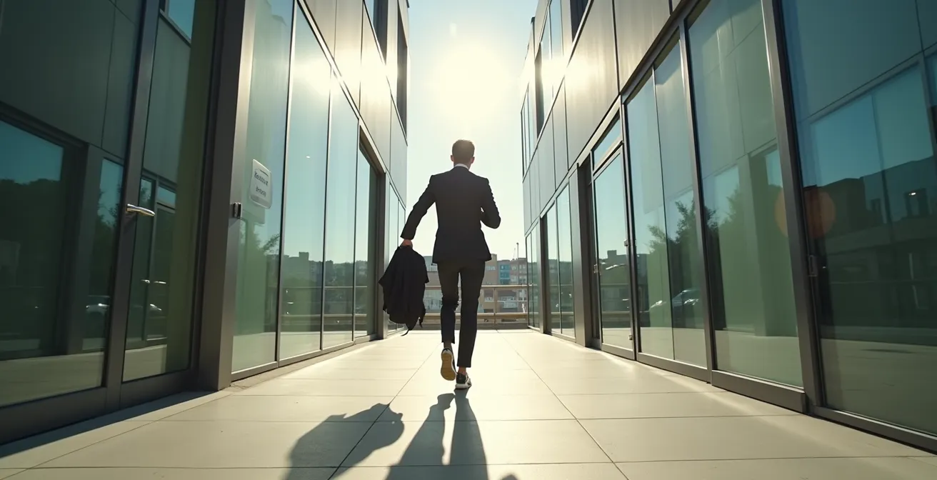 Geschäftsmann läuft in Sportkleidung aus modernem Bürogebäude