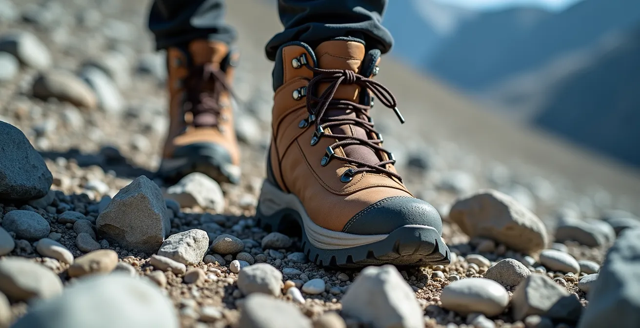 Detailaufnahme von Wanderschuhen auf einem alpinen Geröllfeld, die die erforderliche Konzentration bei jedem Schritt zeigt.