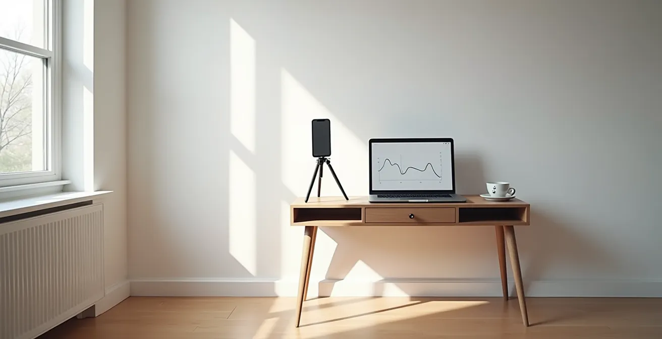 Datenanalyse-Setup eines Amateursportlers mit Smartphone auf einem Stativ und einem Laptop auf dem Schreibtisch.