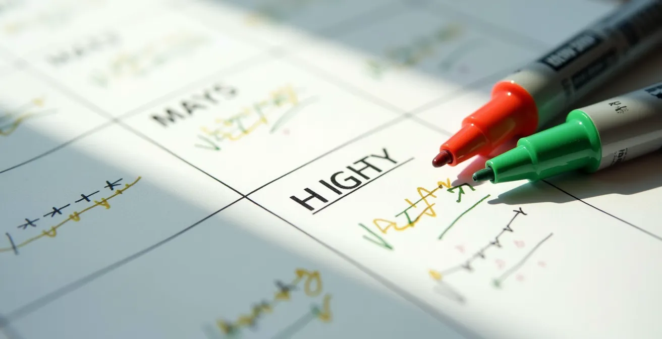 Monatskalender mit farbigen Markierungen, die Trainingsmuster über Wochen hinweg aufzeigen