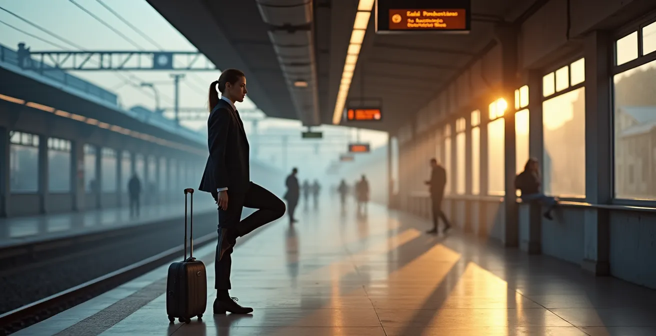 Person führt unauffällige Gleichgewichtsübung an einer Bushaltestelle aus