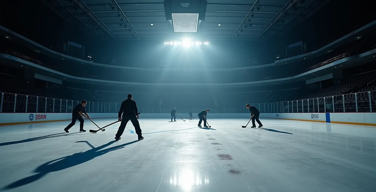 Zeitraffer-Darstellung einer Arena während des nächtlichen Umbaus von Handball auf Eishockey