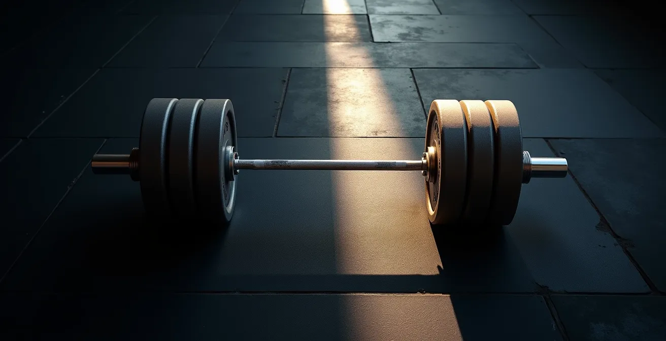 Vergleichende Analyse der Muskelaktivierung links und rechts, symbolisiert durch eine Hantel mit ungleicher Beleuchtung.