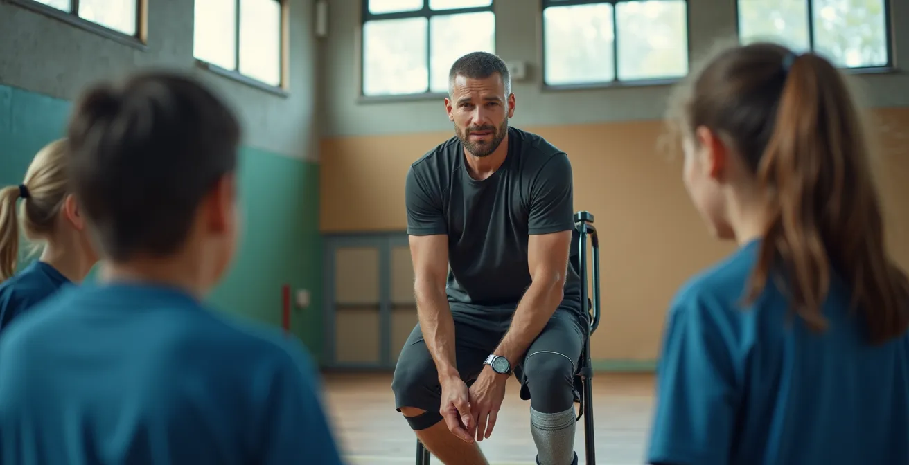 Verletzter Athlet coacht junge Sportler in deutscher Sporthalle und zeigt damit eine neue Identitätsrolle jenseits der eigenen aktiven Leistung.