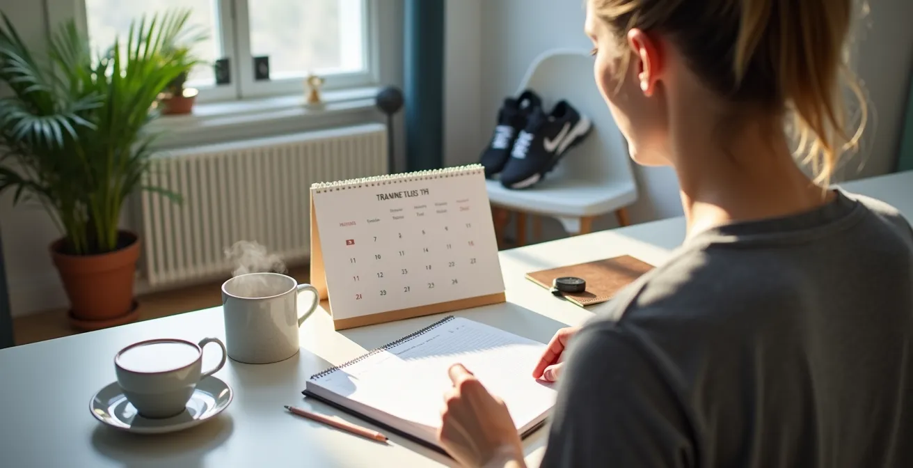 Sportler plant seine Trainingswoche am Schreibtisch mit Kalender