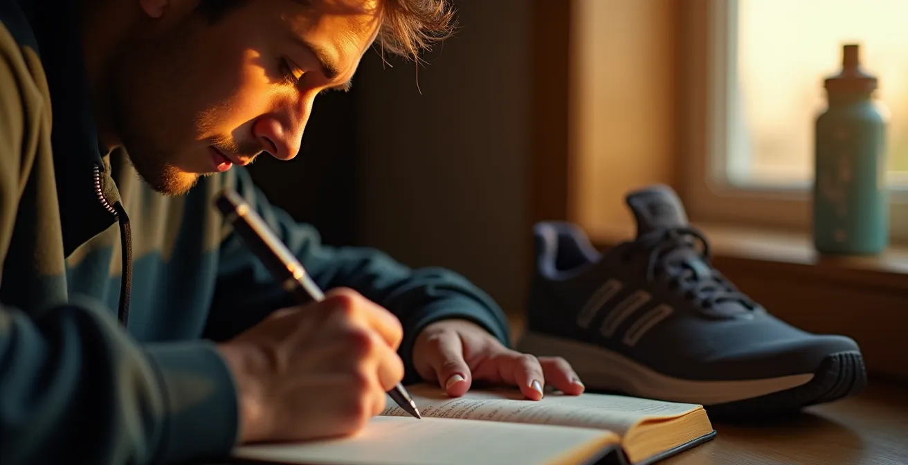 Sportler schreibt konzentriert in Notizbuch bei warmem Fensterlicht