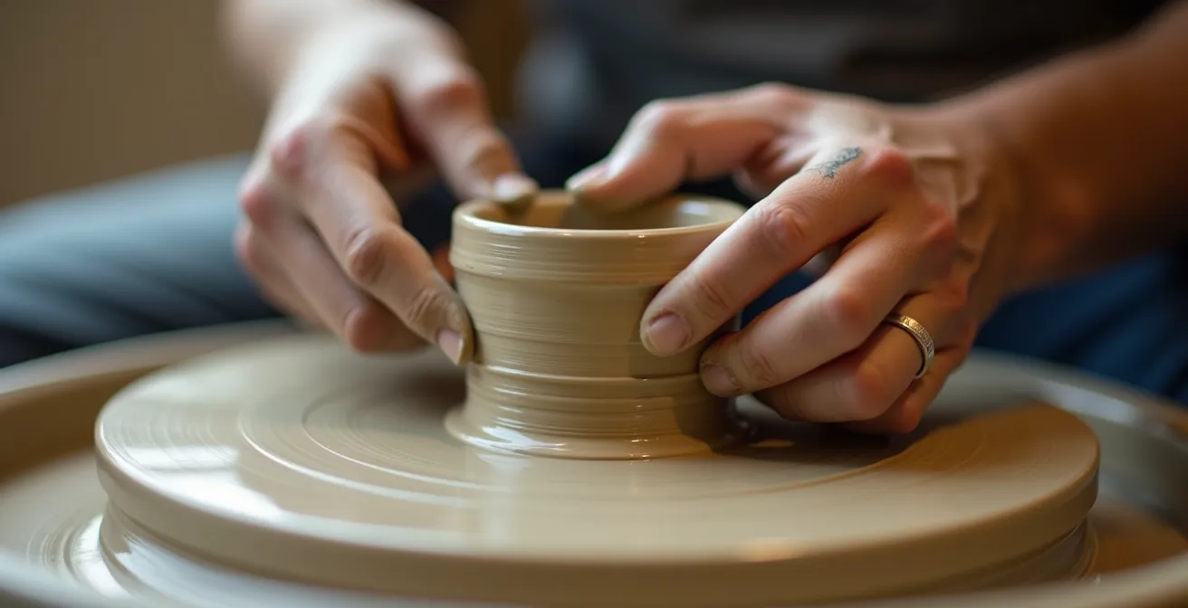 Sportler formt konzentriert Ton auf Töpferscheibe