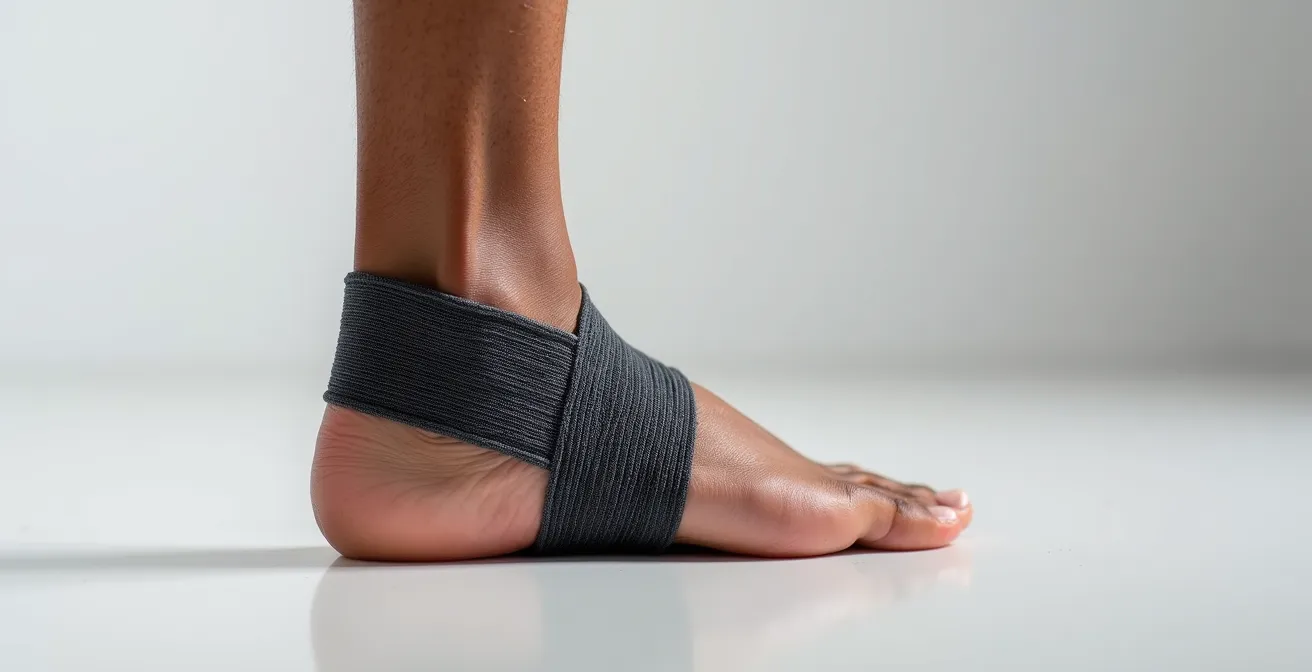 Detailaufnahme einer Sprunggelenkbandage mit sichtbarer Muskelaktivität, die den Unterschied zwischen gestütztem und ungestütztem Gewebe zeigt.