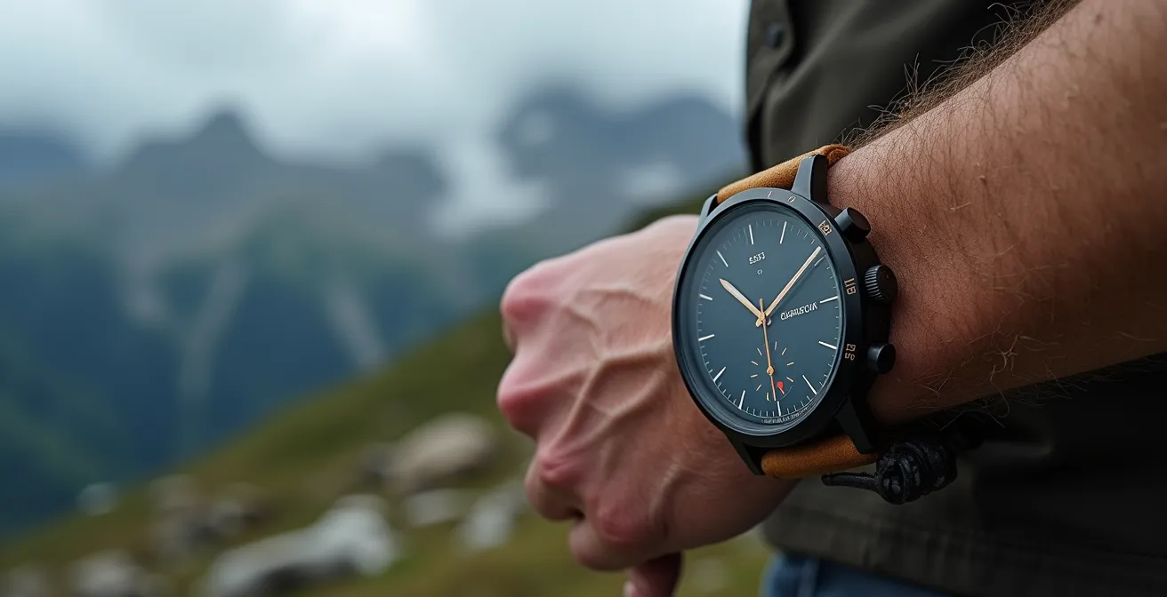Nahaufnahme einer Outdoor-Uhr am Handgelenk mit sichtbarem Barometer-Display vor Bergkulisse