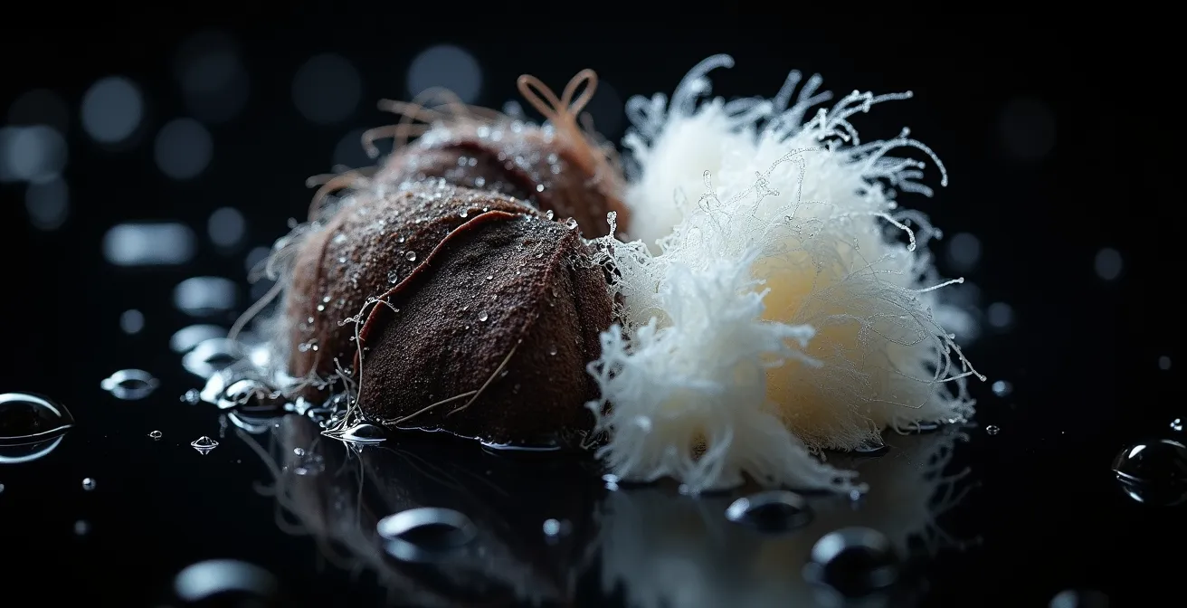 Makroaufnahme, die nasse, kollabierte Baumwollfasern im Vergleich zu strukturstabilen Funktionsfasern zeigt