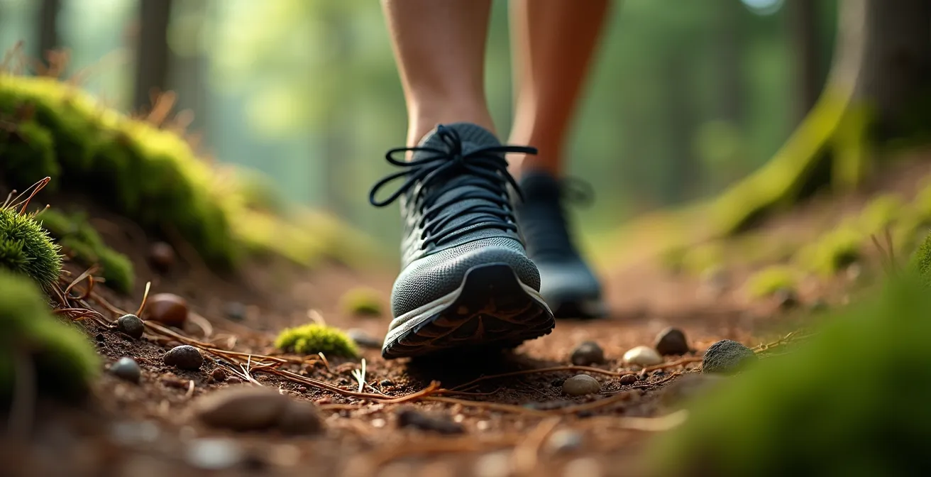 Makroaufnahme eines Fußes auf weichem Waldboden mit sichtbarer Muskelaktivierung