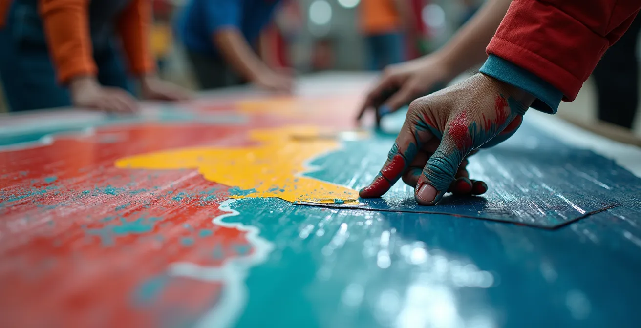 Fans arbeiten gemeinsam an riesigen Stoffbahnen in einer Lagerhalle