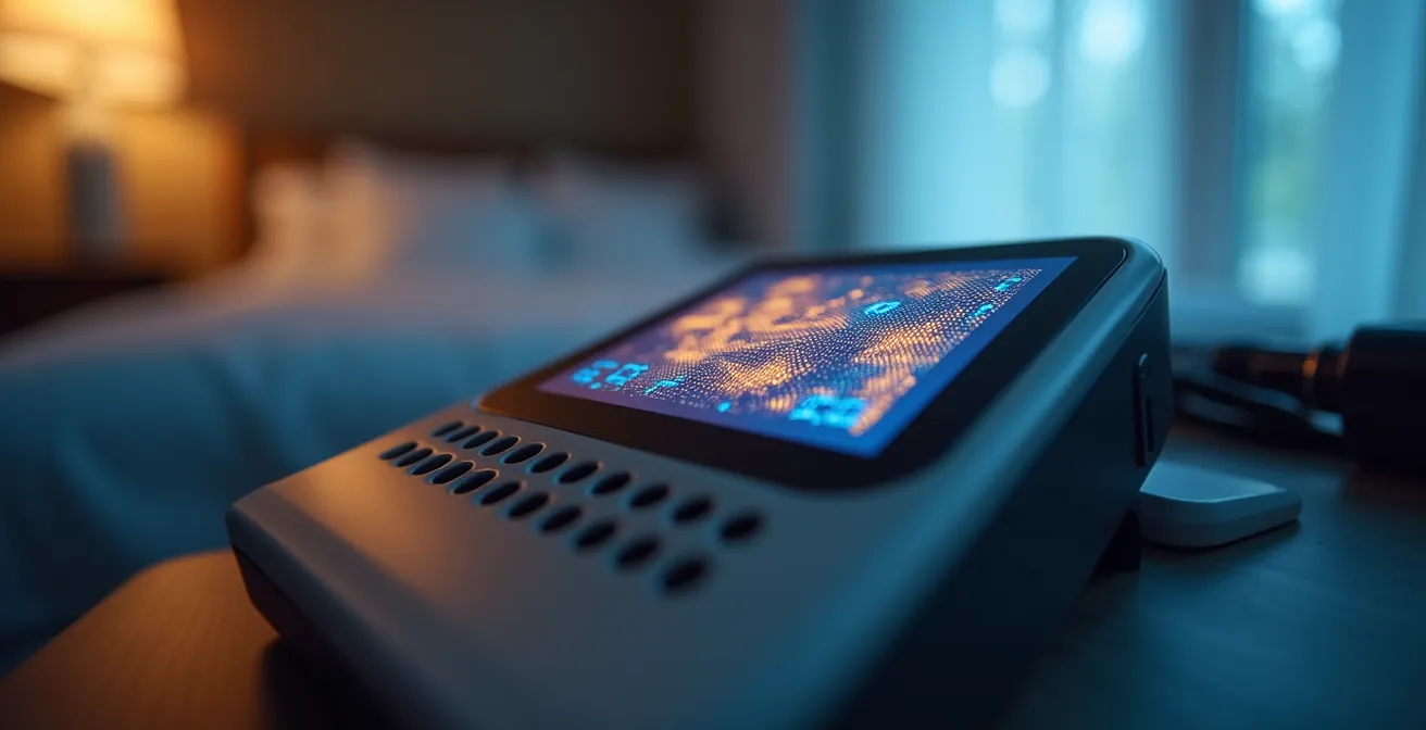 Modernes CO2-Messgerät im Schlafzimmer zeigt optimale Werte für Sportlerregeneration