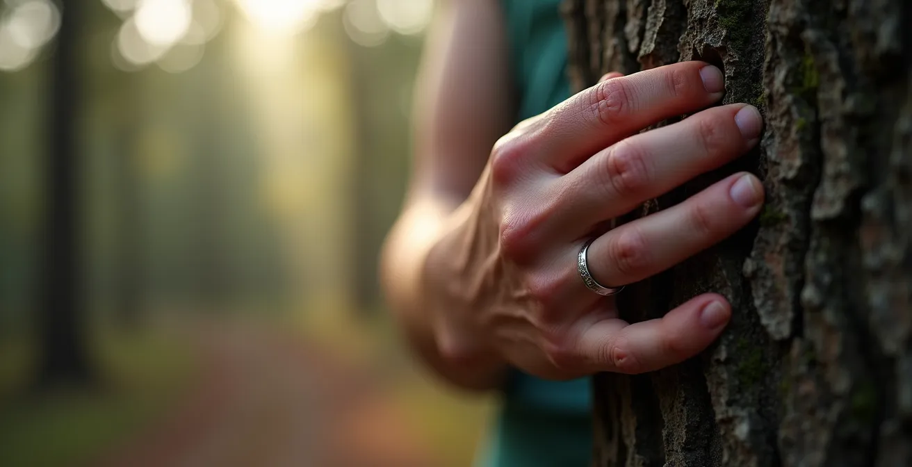Übermüdeter Läufer stützt sich an Baum ab