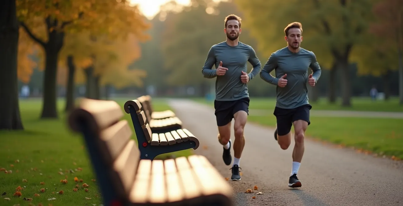 Läufer nutzt Parkbänke als natürliche Intervallmarker beim Fahrtspiel