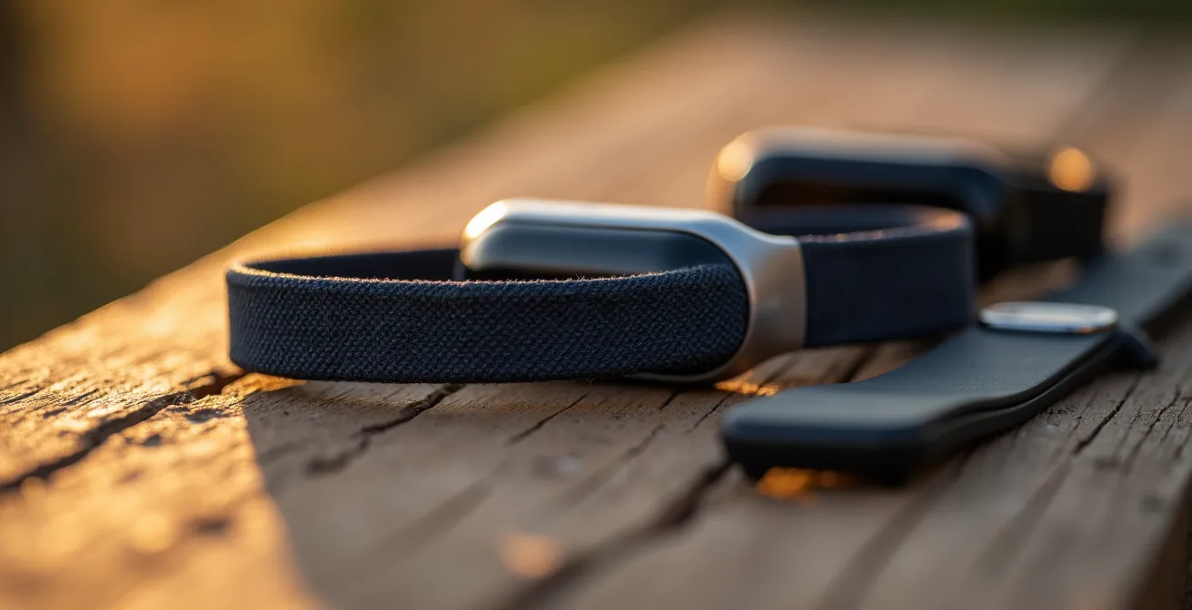 Nahaufnahme von Whoop Armband und Oura Ring nebeneinander auf Holztisch