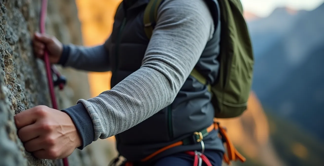 Kletterer mit einer praktischen Kombination aus Fleece und Weste am Fels in den bayerischen Alpen