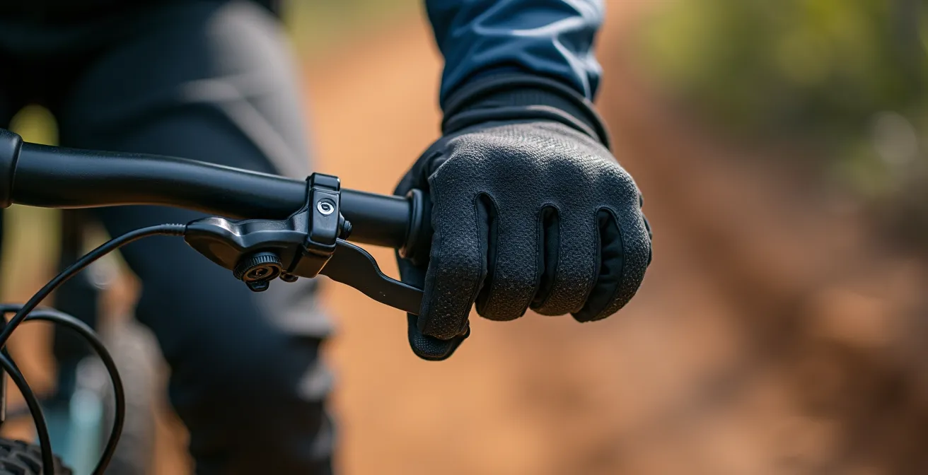 Mountainbiker navigiert technische Passage mit konzentriertem Gesichtsausdruck