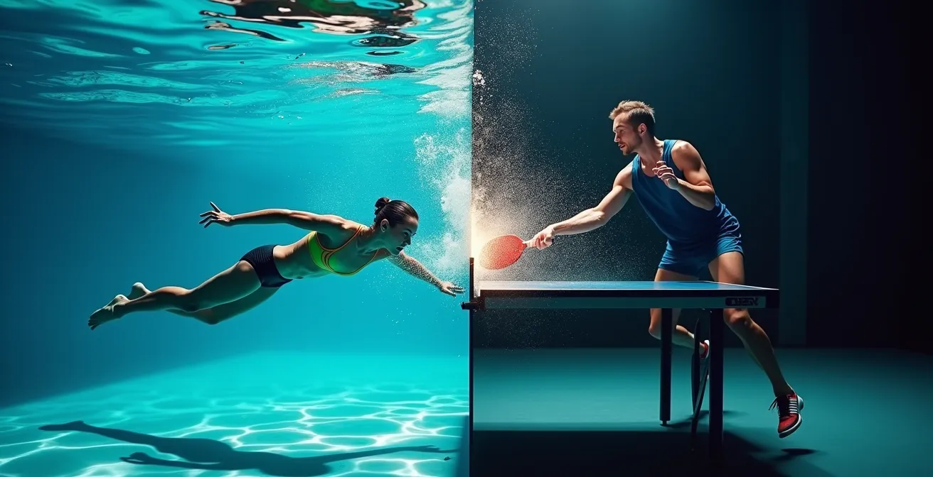 Visueller Vergleich zwischen mühelosem Gleiten und intensiver Fokus-Arbeit im Sport