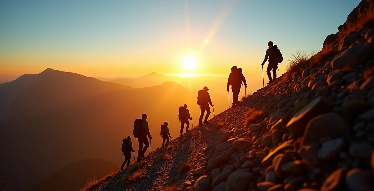 Bergsteiger-Silhouetten beim Aufstieg im ersten Morgenlicht mit klarem Himmel