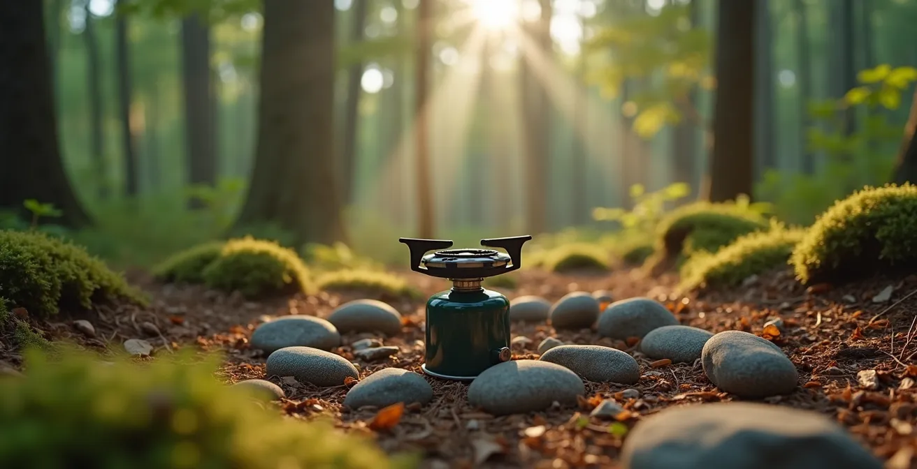 Kompakter Gaskocher auf Waldbodenbelag mit sicherem Abstand zu trockenem Laub