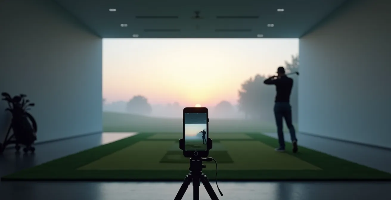 Golfer überprüft seine Rückschwung-Selbstwahrnehmung mit Smartphone-Video