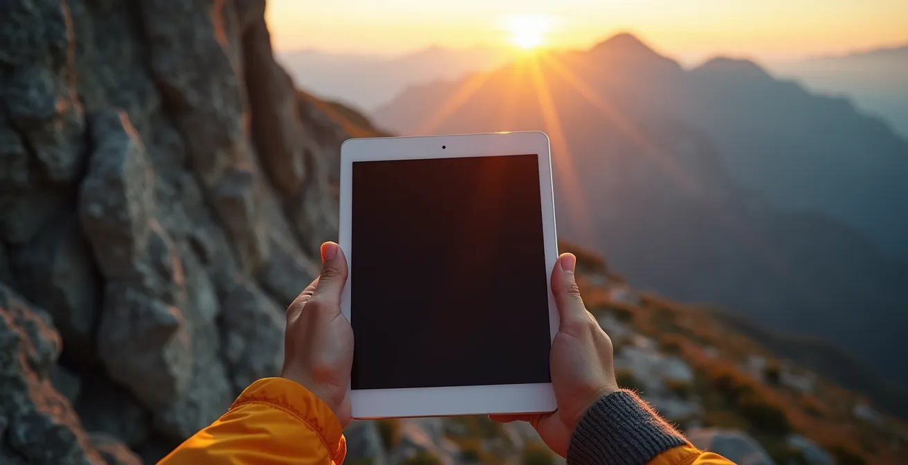 Bergsteiger analysiert Tablet mit 3D-Geländemodell eines ausgesetzten Alpengrats bei dramatischem Schattenwurf