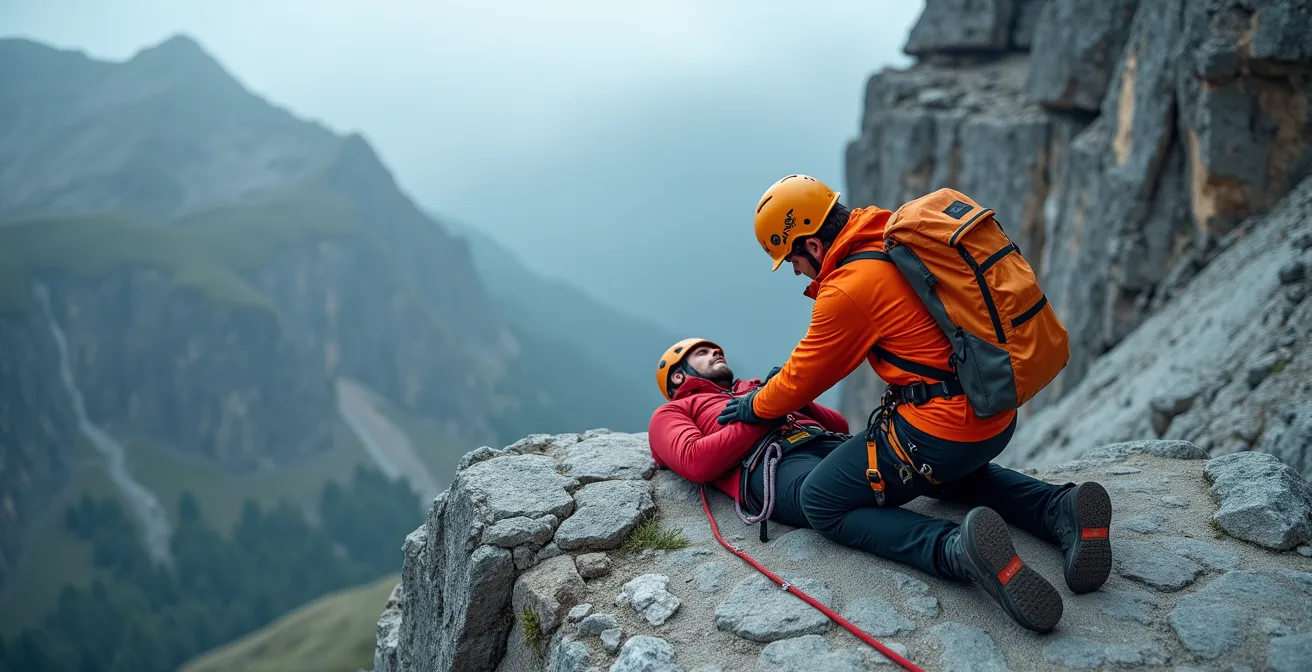 Ersthelfer versorgt verletzten Kletterer in steiler Felswand