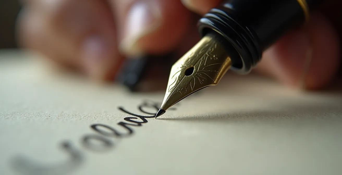 Makroaufnahme einer Hand, die mit einem Füller in ein Trainingstagebuch schreibt