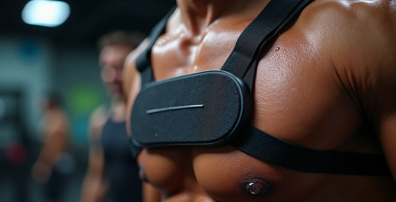 Nahaufnahme eines Athleten mit Brustgurt während intensivem Training