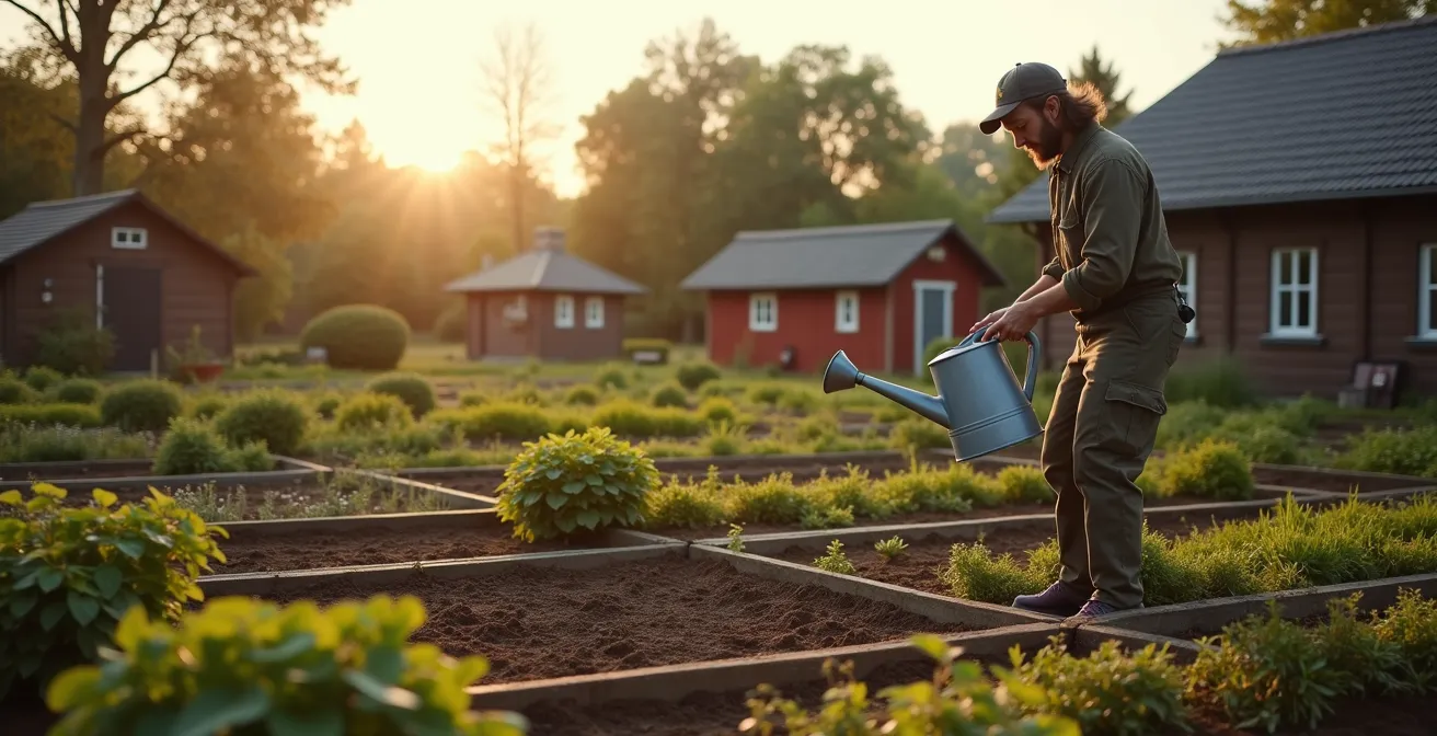 Person demonstriert korrekte Hip-Hinge-Technik beim Heben im deutschen Schrebergarten