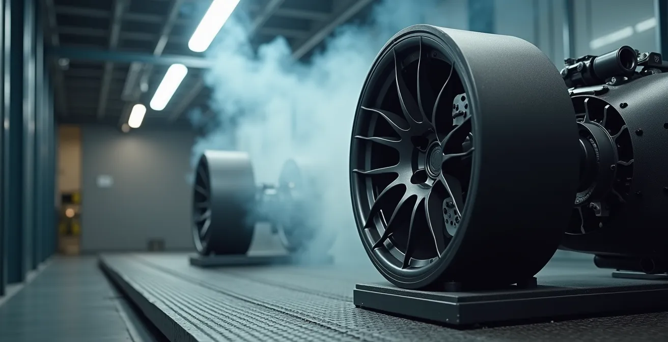 Rennrad-Laufrad im Windkanal mit sichtbaren Luftströmungen