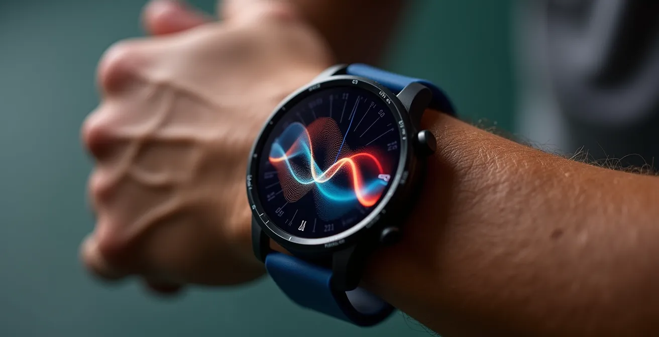 Nahaufnahme einer Sportuhr mit HRV-Display während Atemübung