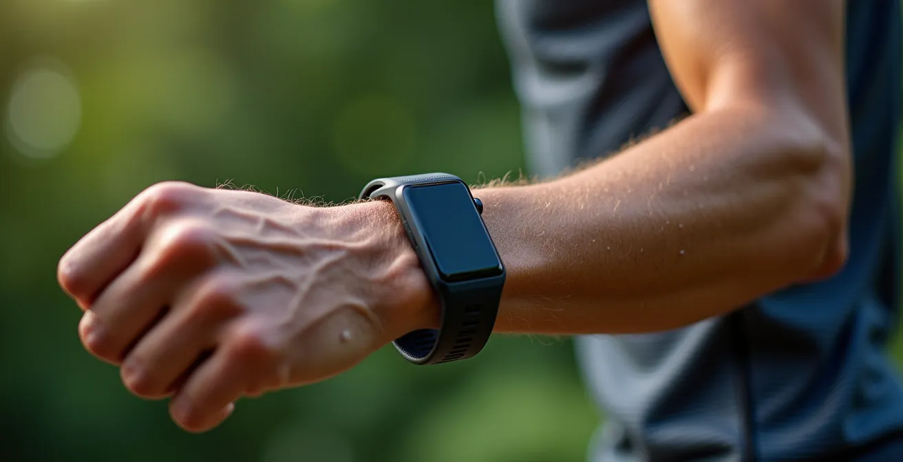 Nahaufnahme von Handgelenk mit Sportuhr in natürlicher Umgebung