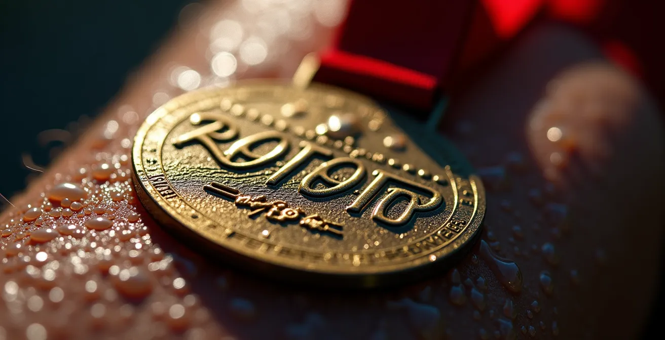 Ein emotionaler Athlet nach dem Wettkampf, der stolz seine Finisher-Medaille zeigt, mit Fokus auf Schweißtropfen und der Textur der Medaille.