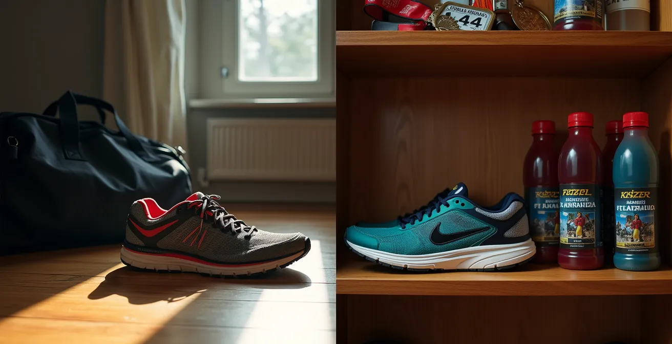 Transformation vom Gelegenheitsläufer zur Läuferidentität durch das bewusste Arrangieren von Laufutensilien.