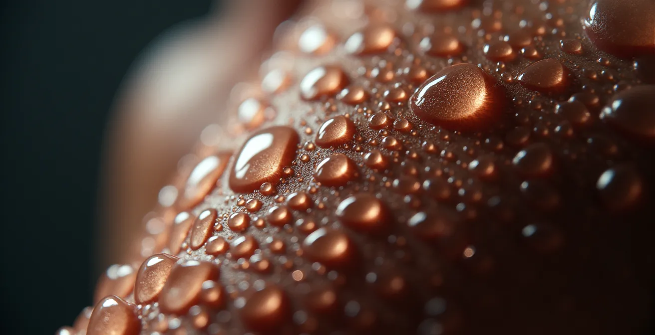 Makroaufnahme von Schweißperlen auf Haut während intensivem Training