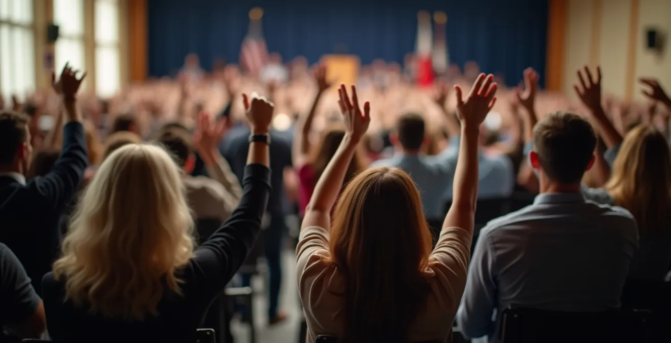 Vereinsmitglieder bei einer demokratischen Abstimmung in einer großen Halle