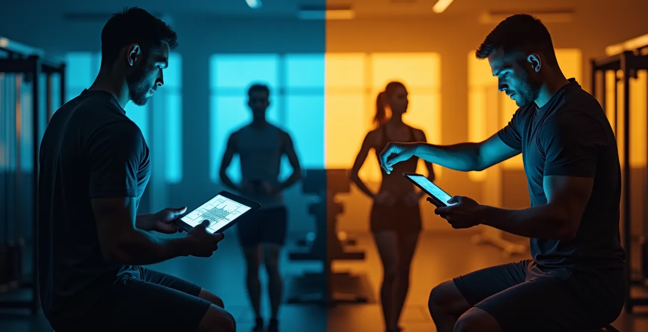 Split-Screen-Vergleich, der links eine Person beim Training mit einer App und rechts eine Person bei der persönlichen Betreuung durch einen Trainer zeigt