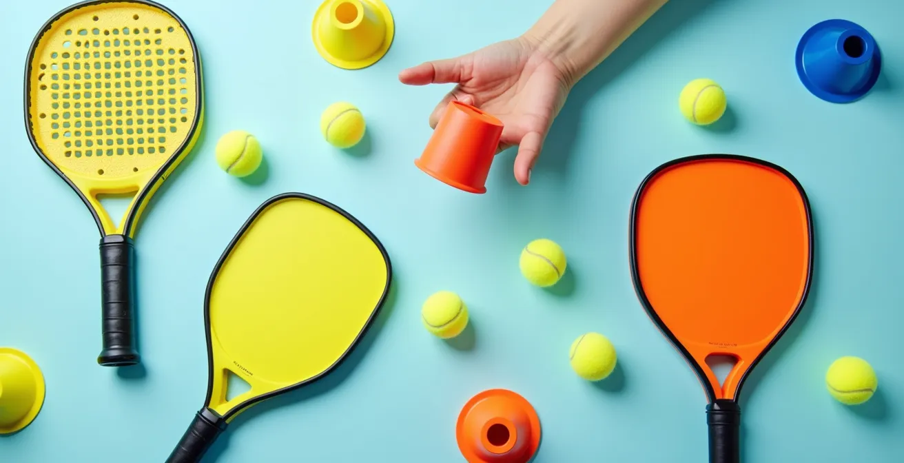 Kinder beim spielerischen Padel-Training mit weichen Bällen und bunten Hütchen in einer Halle.