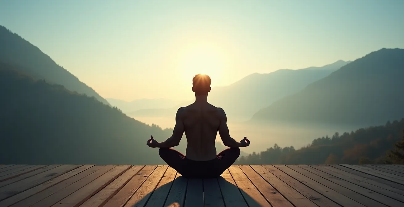 Sportler in meditativer Körperwahrnehmungsübung bei Sonnenaufgang