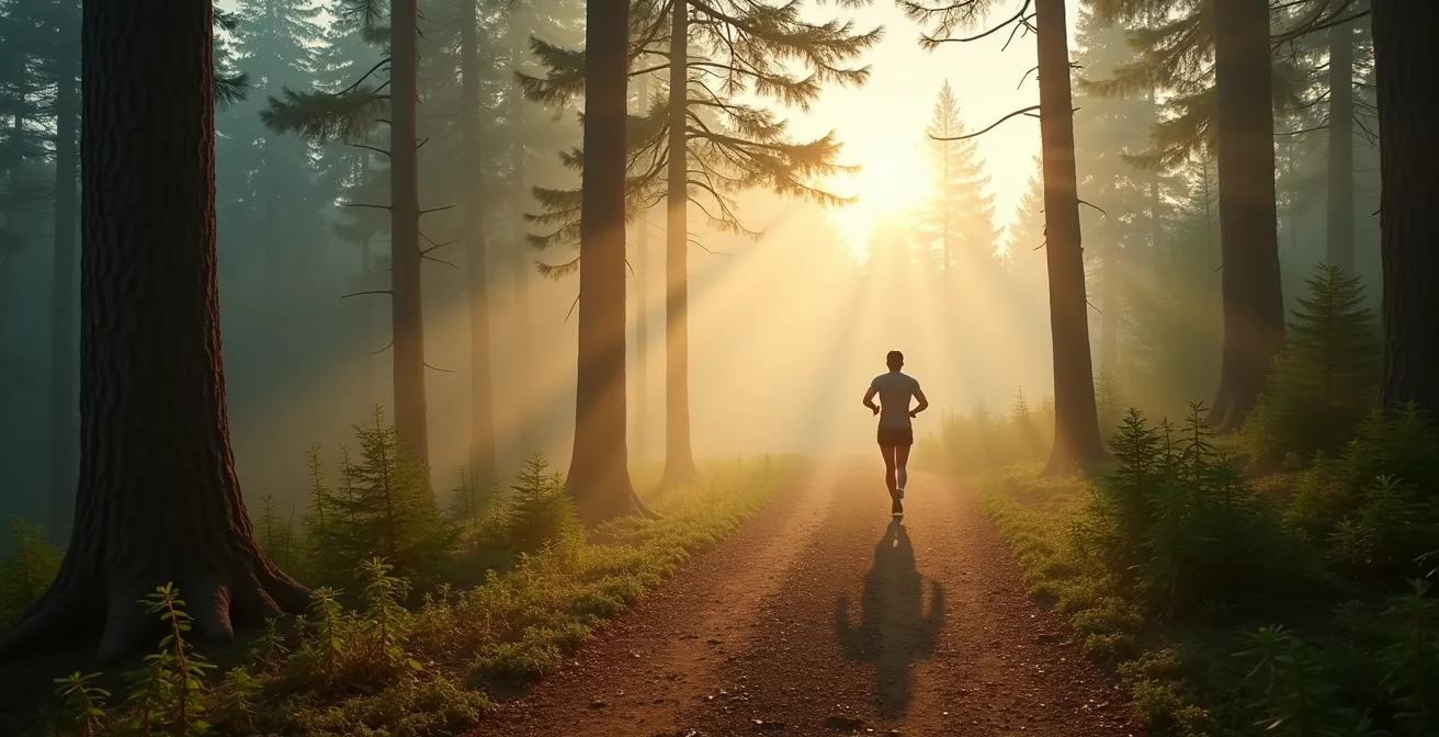 Läufer auf einem Waldweg im sanften Morgenlicht in meditativer Bewegung