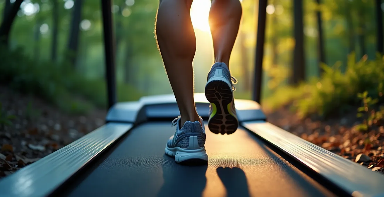 Geteiltes Bild zeigt Läufer auf Laufband und auf Waldweg