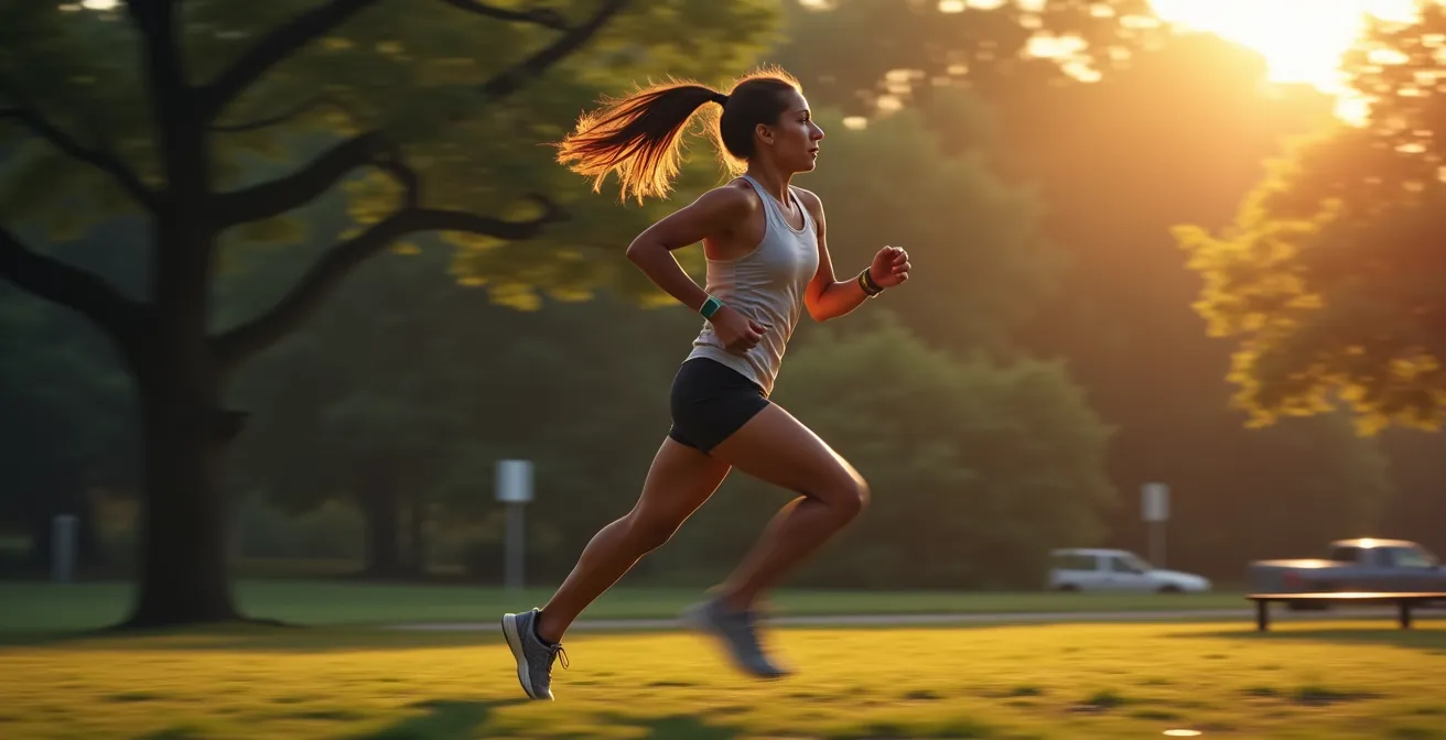Läufer im Flow-Zustand ohne Blick auf die Uhr, konzentriert auf die Bewegung