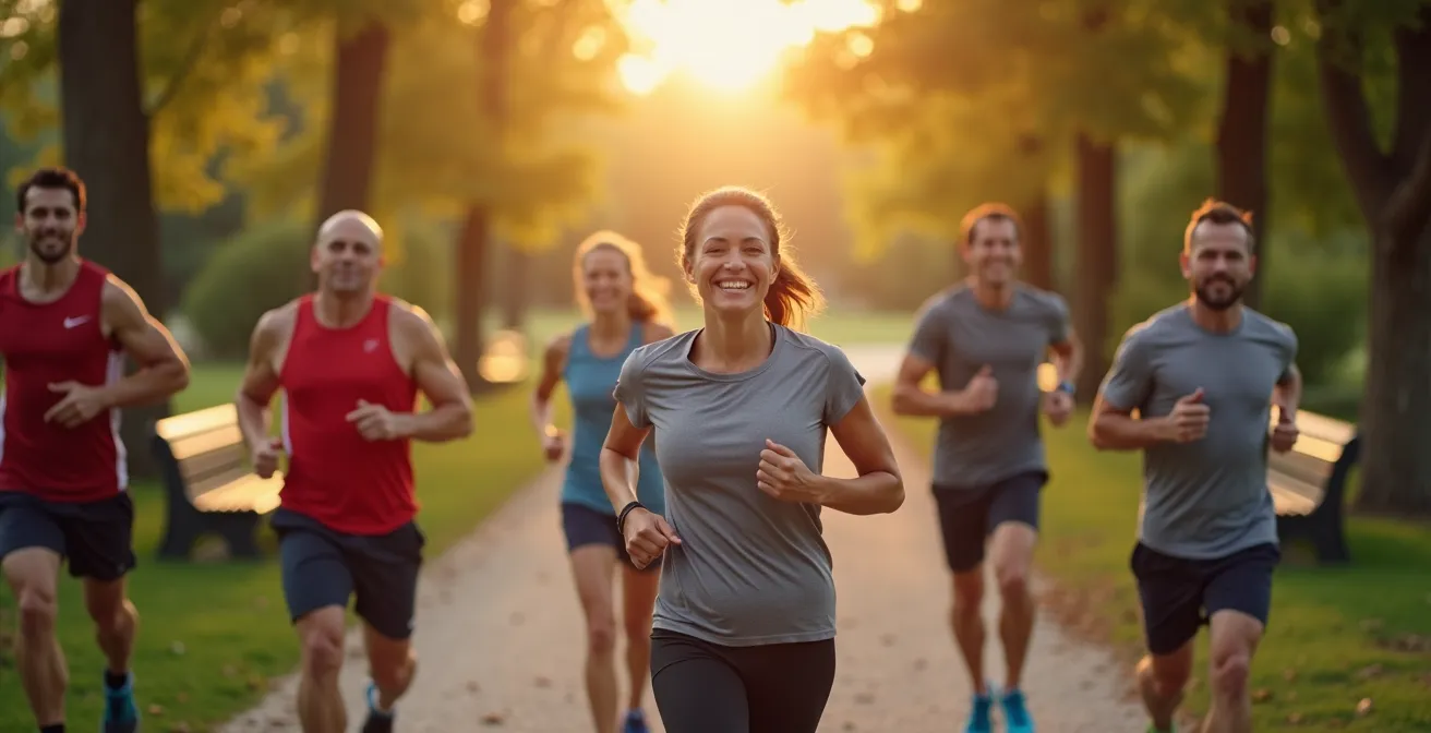 Eine diverse Laufgruppe trifft sich im deutschen Stadtpark beim Morgentraining zum gemeinsamen Laufen.