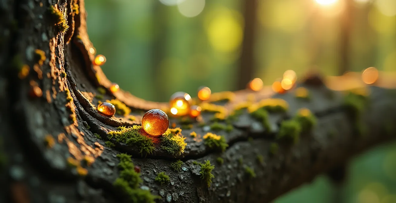 Extreme Nahaufnahme von Kiefernrinde mit sichtbaren Harztropfen und Terpenausdünstungen